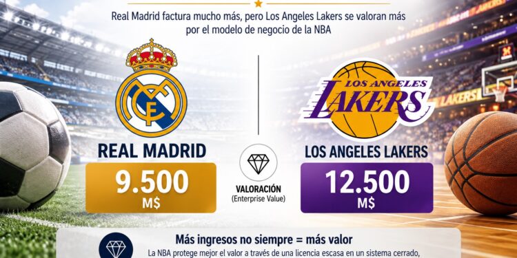 Mismo valor de mercado ($10.000M), pero ingresos opuestos. ¿Por qué el Real Madrid genera el doble que los Lakers?